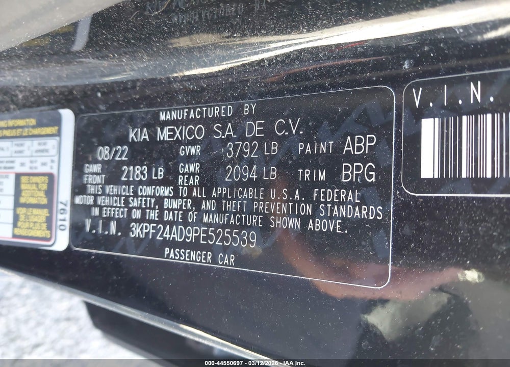 2023 KIA FORTE LXS VIN: 3KPF24AD9PE525539