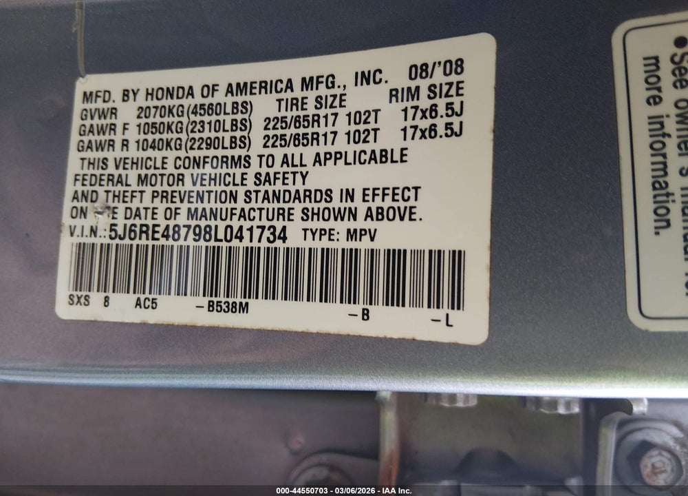 2008 HONDA CR-V EX-L VIN: 5J6RE48798L041734