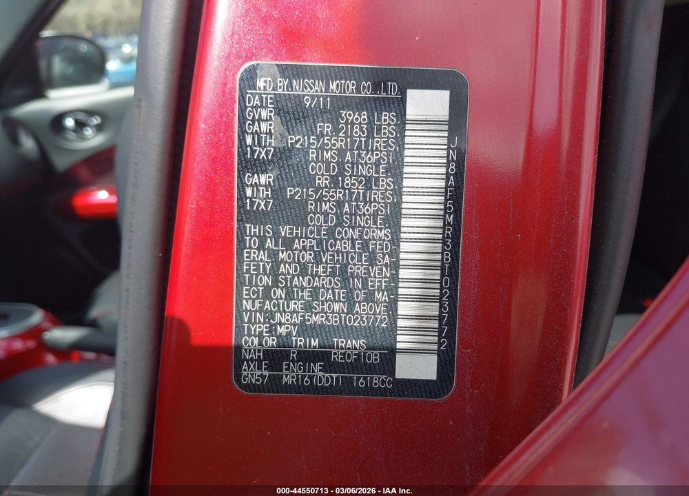 2011 NISSAN JUKE SL VIN: JN8AF5MR3BT023772