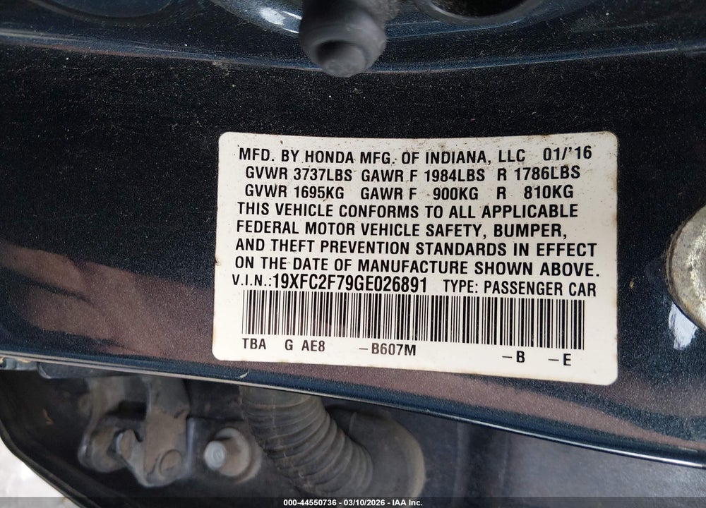 2016 HONDA CIVIC EX VIN: 19XFC2F79GE026891