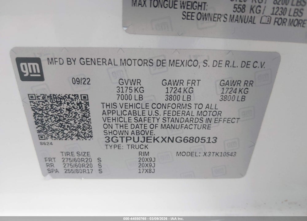 2022 GMC SIERRA 1500 4WD  SHORT BOX ELEVATION VIN: 3GTPUJEKXNG680513
