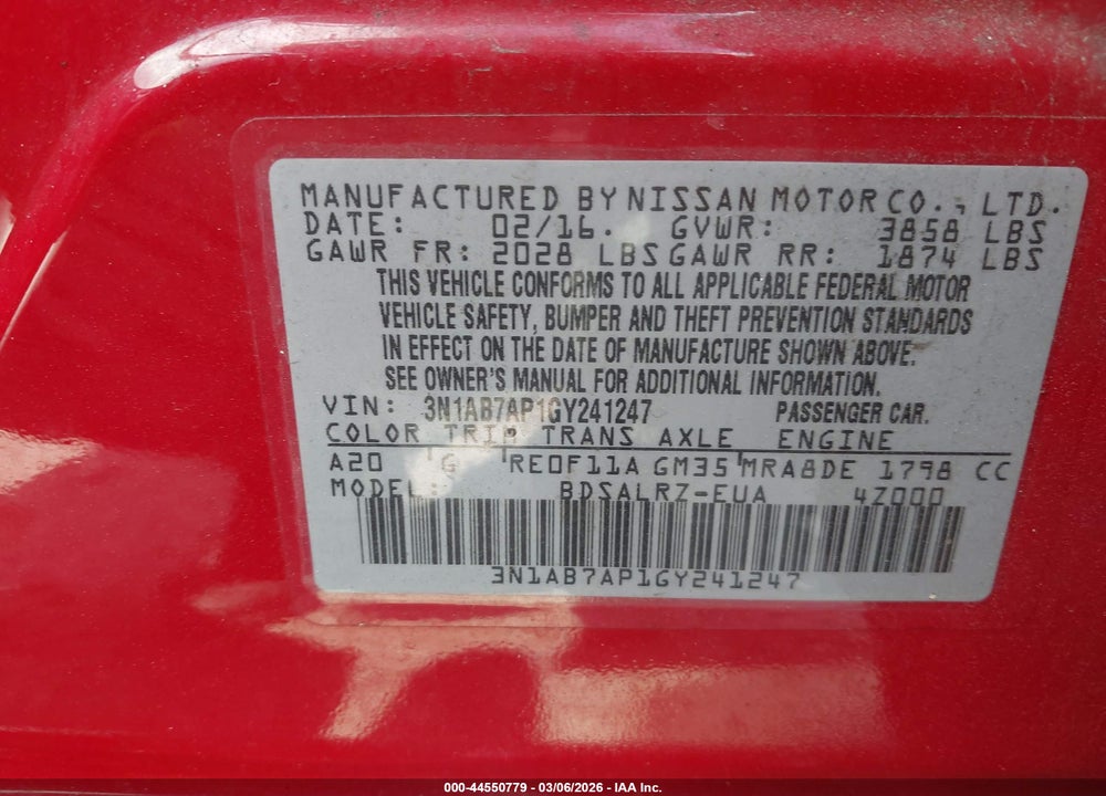 2016 NISSAN SENTRA SR VIN: 3N1AB7AP1GY241247