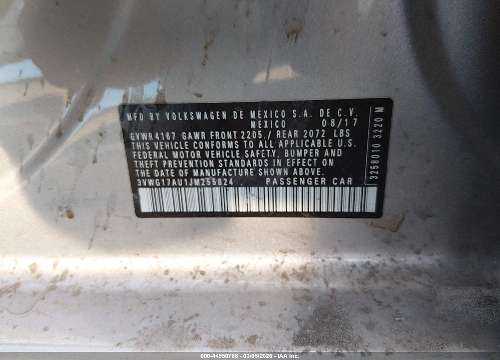 2018 VOLKSWAGEN GOLF TSI S/TSI SE VIN: 3VWG17AU1JM255824