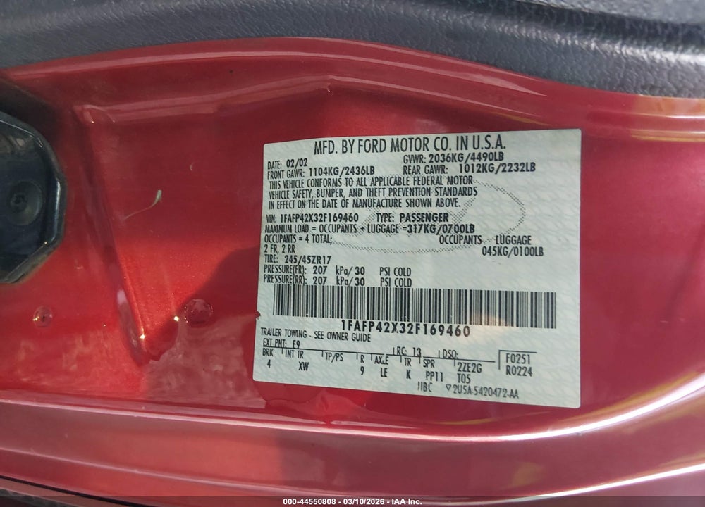 2002 FORD MUSTANG GT VIN: 1FAFP42X32F169460