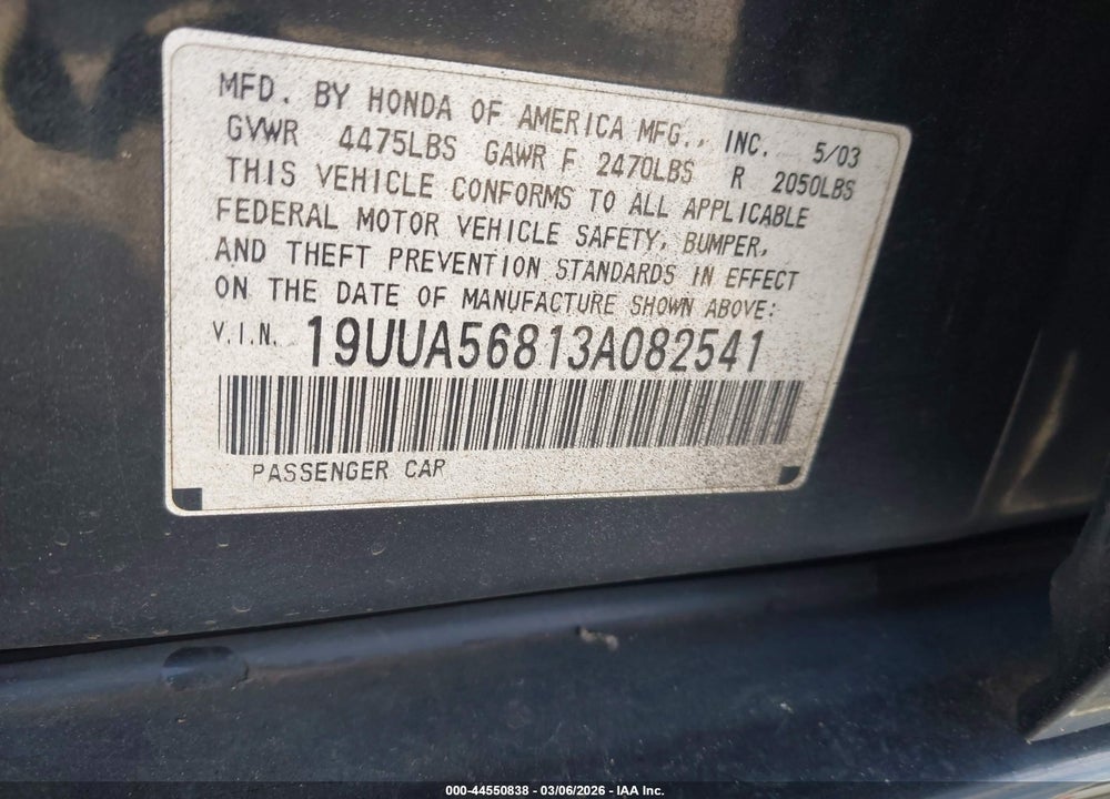 2003 ACURA TL 3.2 TYPE S VIN: 19UUA56813A082541