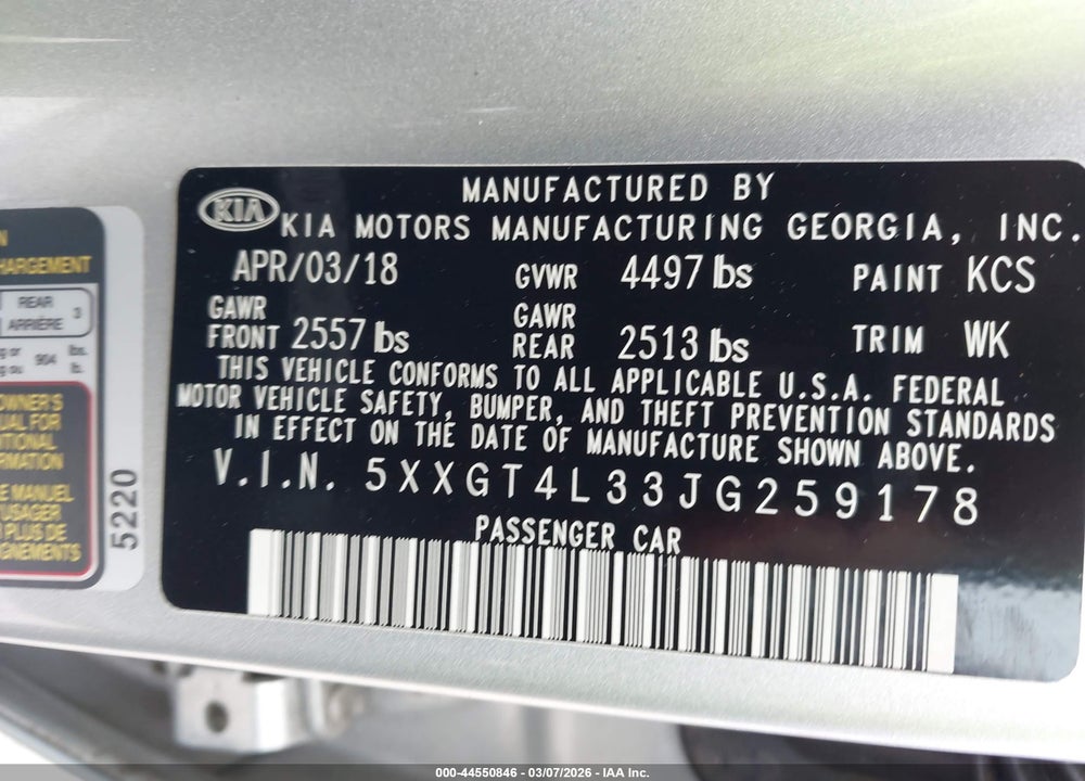 2018 KIA OPTIMA LX VIN: 5XXGT4L33JG259178