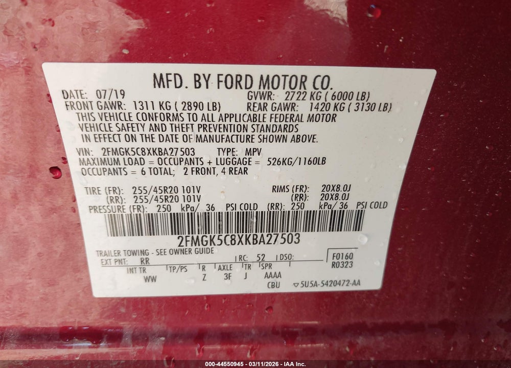 2019 FORD FLEX SEL VIN: 2FMGK5C8XKBA27503