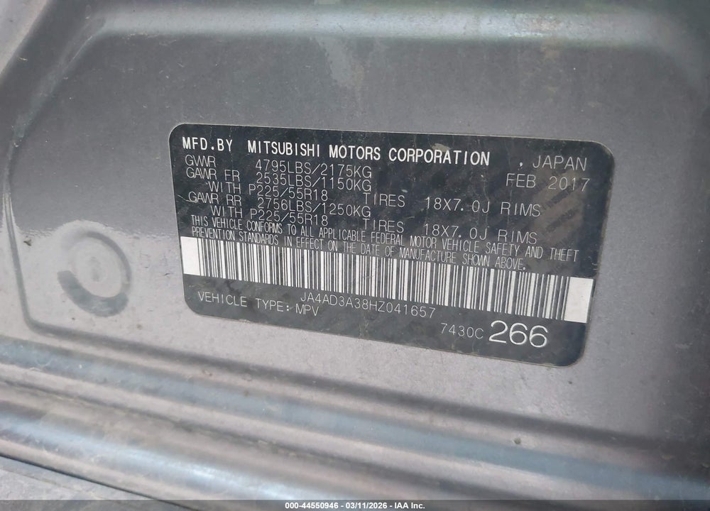 2017 MITSUBISHI OUTLANDER SE VIN: JA4AD3A38HZ041657