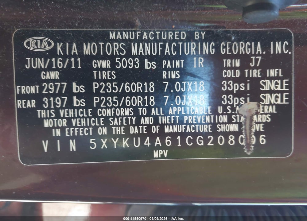 2012 KIA SORENTO EX VIN: 5XYKU4A61CG208006