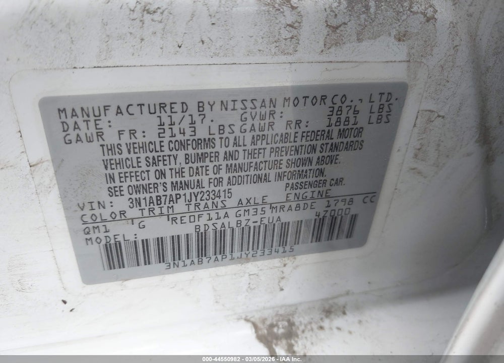 2018 NISSAN SENTRA S VIN: 3N1AB7AP1JY233415