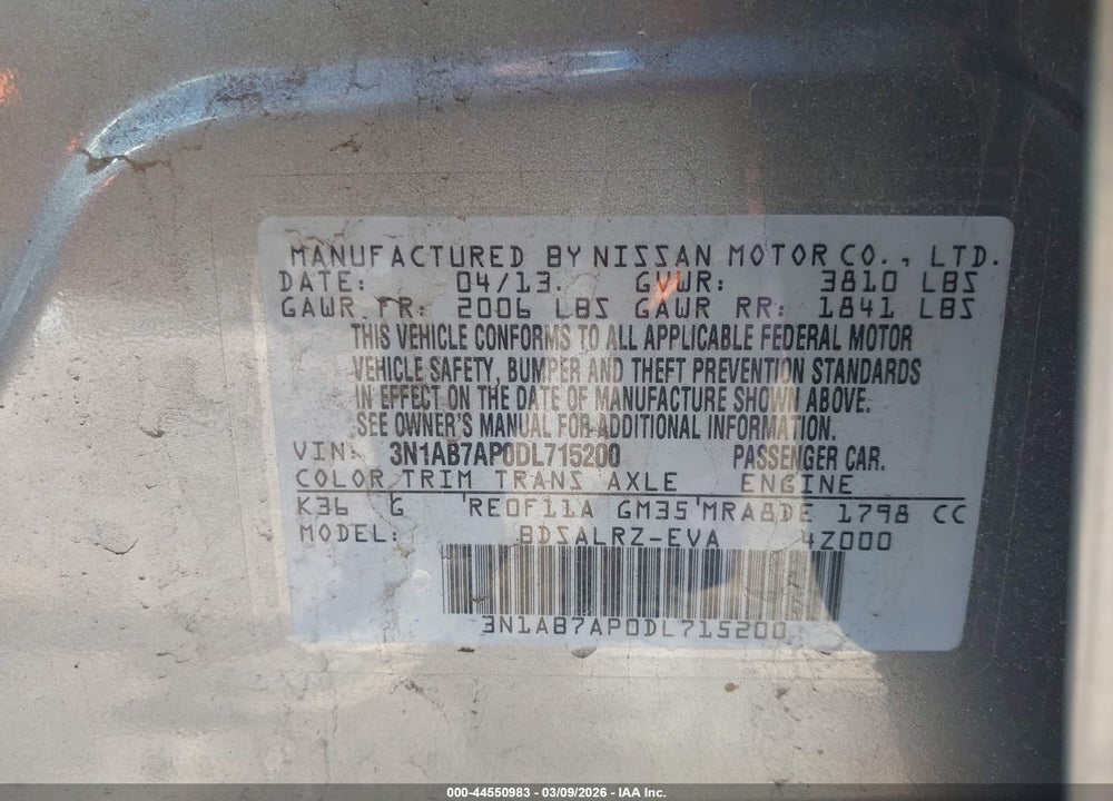 2013 NISSAN SENTRA SR VIN: 3N1AB7AP0DL715200