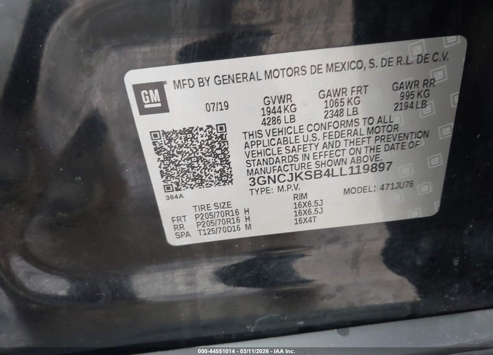 2020 CHEVROLET TRAX FWD LS VIN: 3GNCJKSB4LL119897