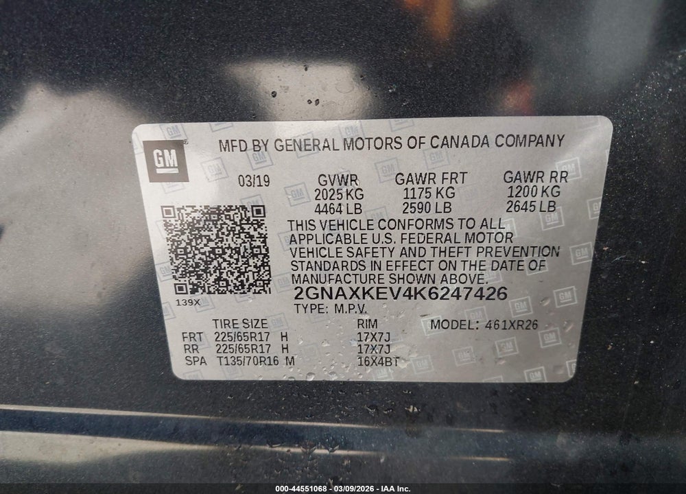 2019 CHEVROLET EQUINOX LT VIN: 2GNAXKEV4K6247426