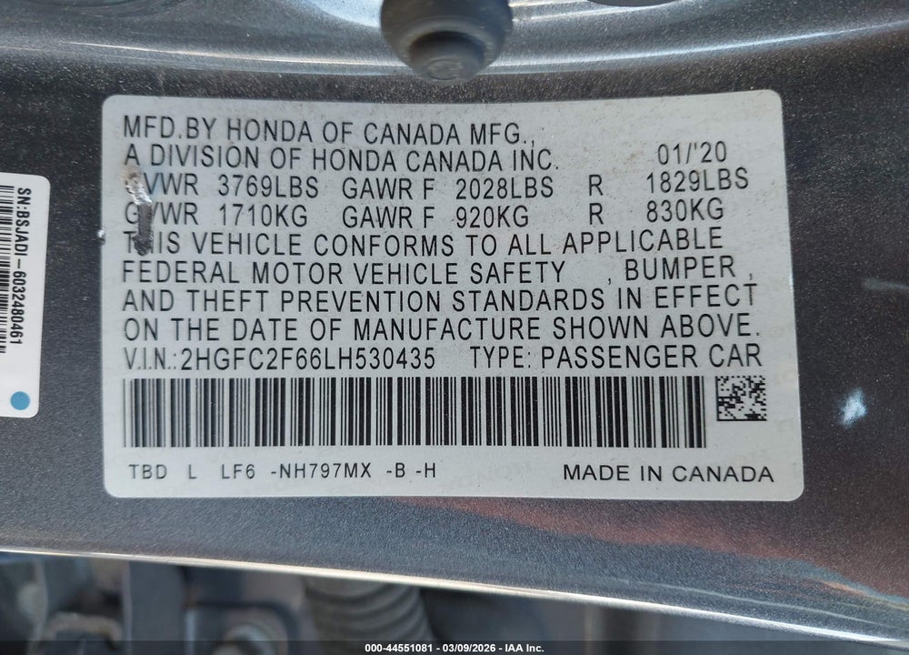 2020 HONDA CIVIC LX VIN: 2HGFC2F66LH530435
