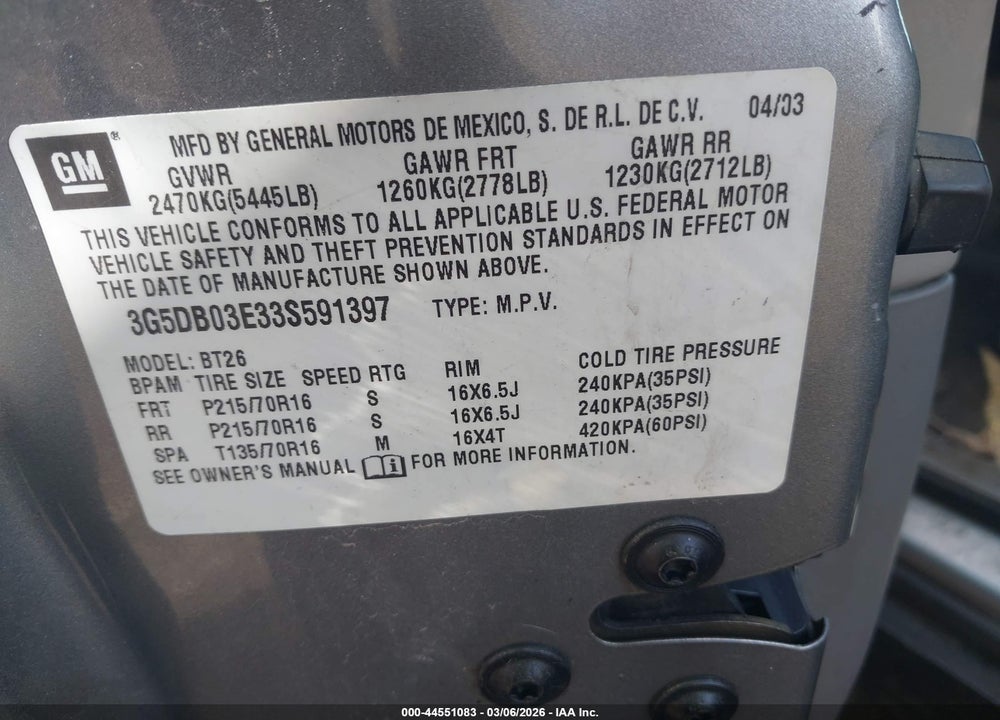 2003 BUICK RENDEZVOUS CX VIN: 3G5DB03E33S591397