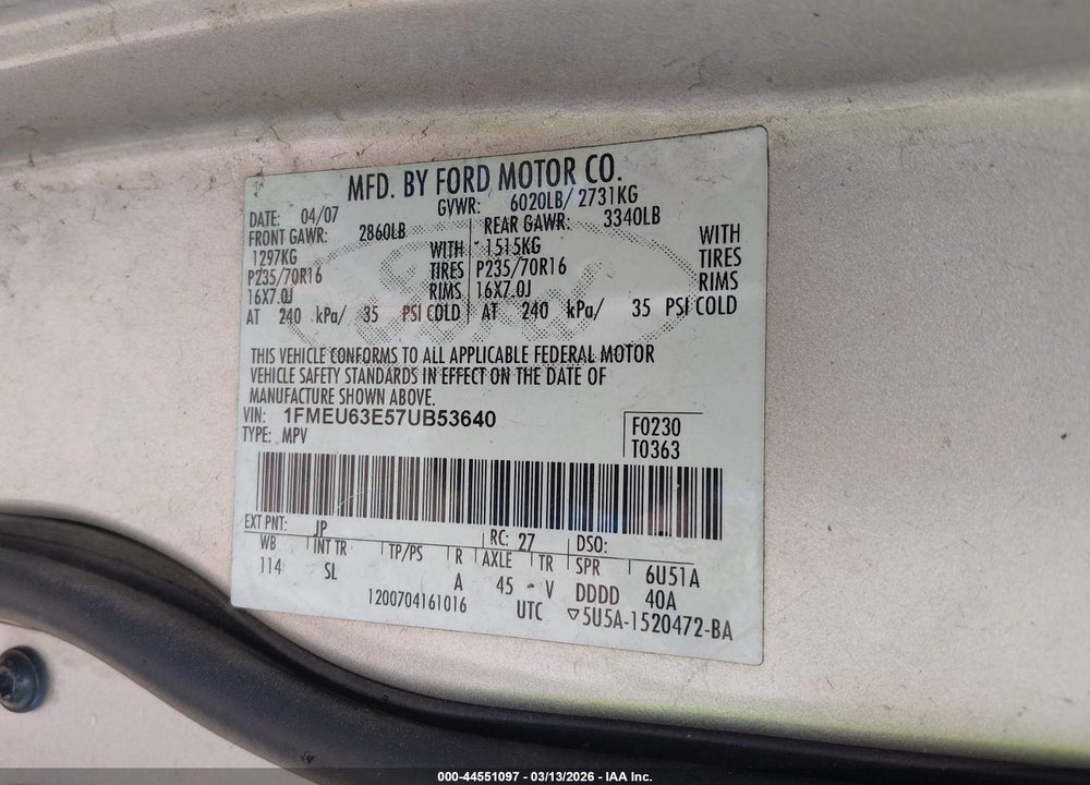 2007 FORD EXPLORER XLT VIN: 1FMEU63E57UB53640
