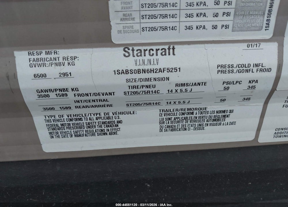 2016 STARCRAFT AR ONE MAX VIN: 1SABS0BN6H2AF5251