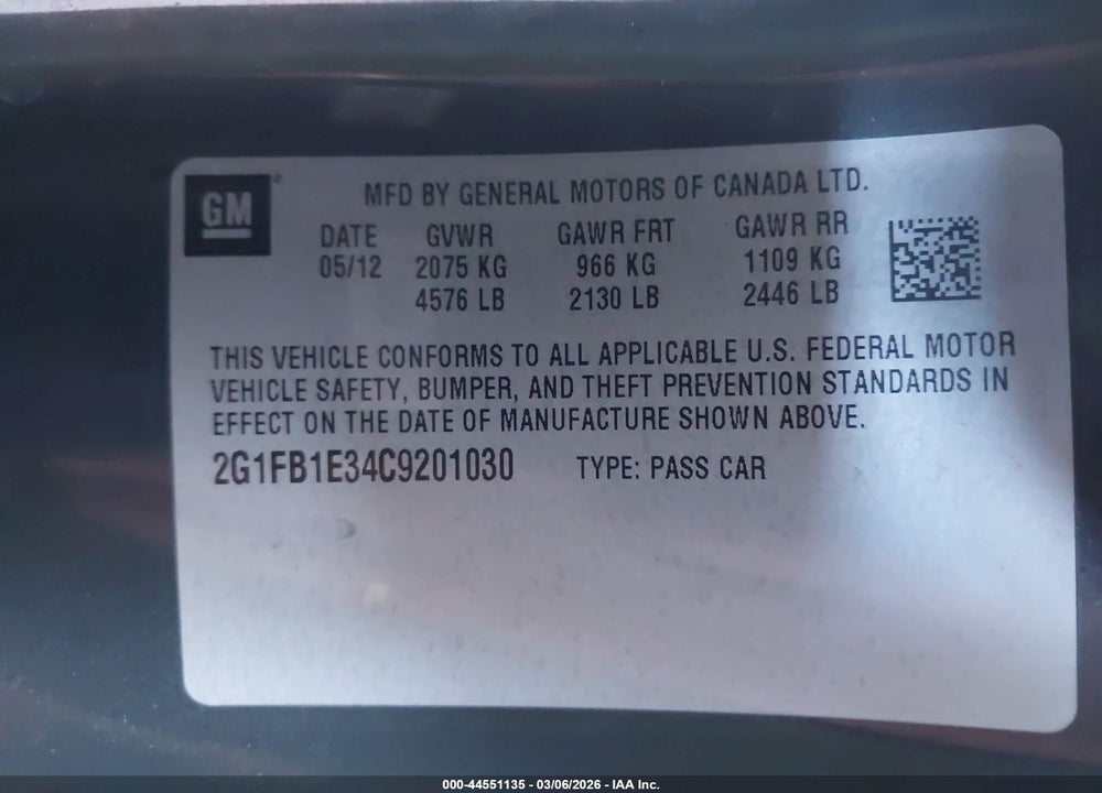 2012 CHEVROLET CAMARO 1LT VIN: 2G1FB1E34C9201030