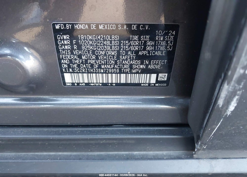 2025 HONDA HR-V 2WD LX VIN: 3CZRZ1H33SM729959