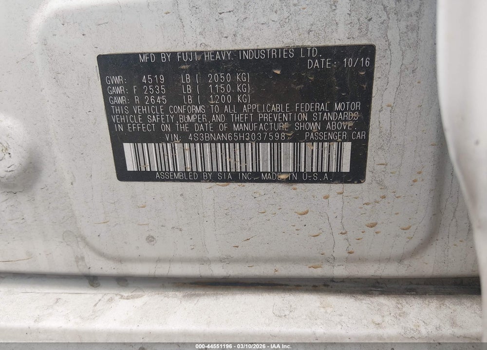 2017 SUBARU LEGACY 2.5I LIMITED VIN: 4S3BNAN65H3037598