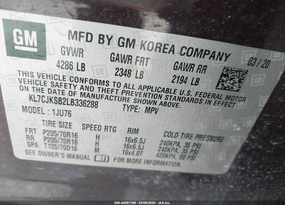 2020 CHEVROLET TRAX FWD LS VIN: KL7CJKSB2LB336288