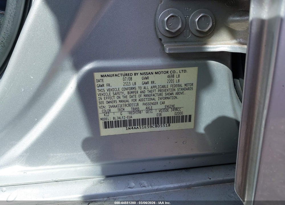 2009 NISSAN MAXIMA 3.5 SV VIN: 1N4AA51E59C805518