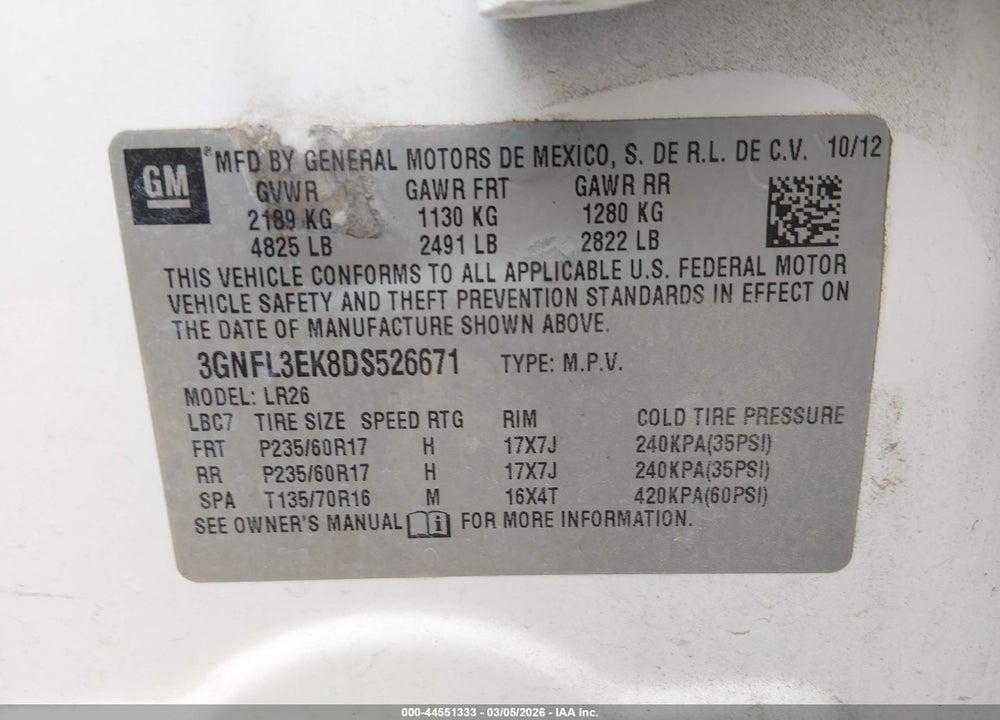 2013 CHEVROLET CAPTIVA SPORT LT VIN: 3GNFL3EK8DS526671