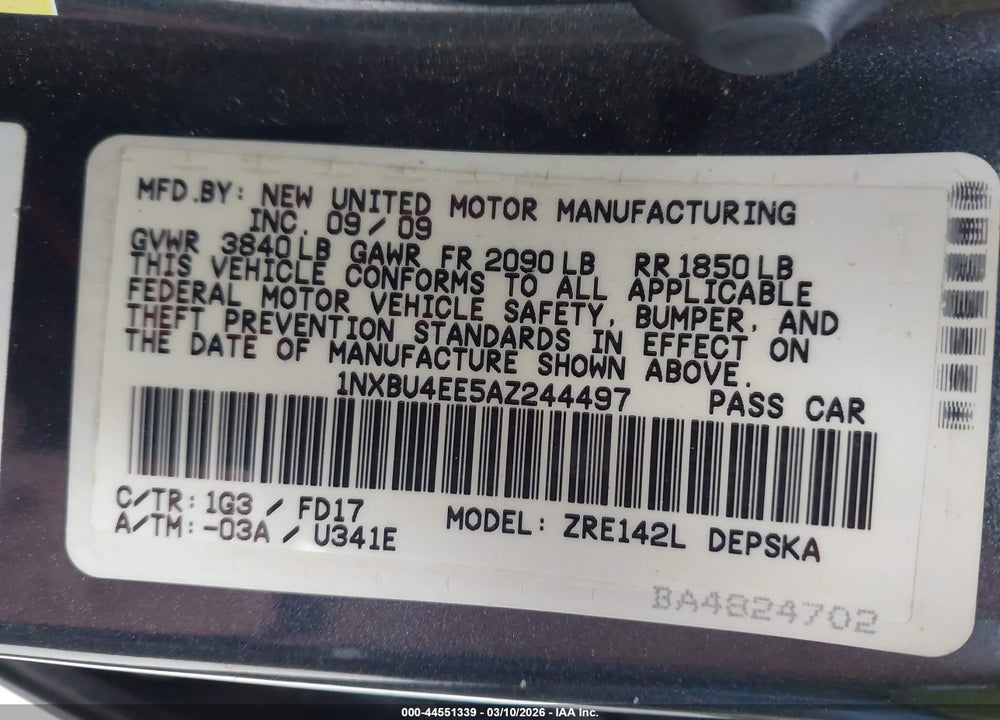 2010 TOYOTA COROLLA S VIN: 1NXBU4EE5AZ244497