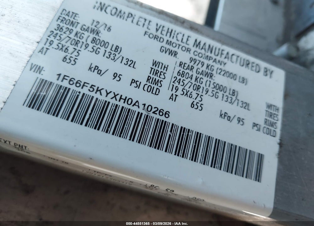 2017 FORD F-59 COMMERCIAL STRIPPED VIN: 1F66F5KYXH0A10266