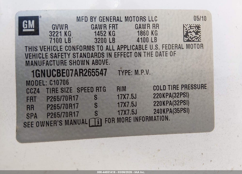 2010 CHEVROLET TAHOE LT VIN: 1GNUCBE07AR265547