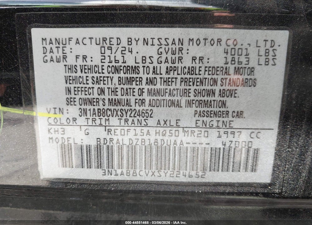 2025 NISSAN SENTRA SV VIN: 3N1AB8CVXSY224652