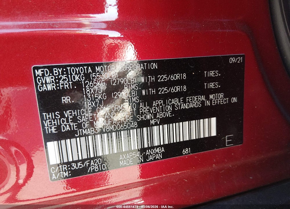 2021 TOYOTA RAV4 PRIME SE VIN: JTMAB3FV8MD065048