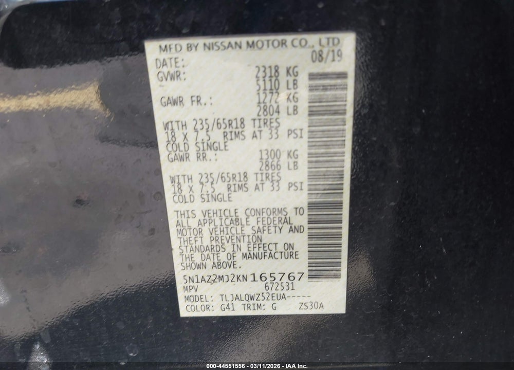 2019 NISSAN MURANO SV VIN: 5N1AZ2MJ2KN165767