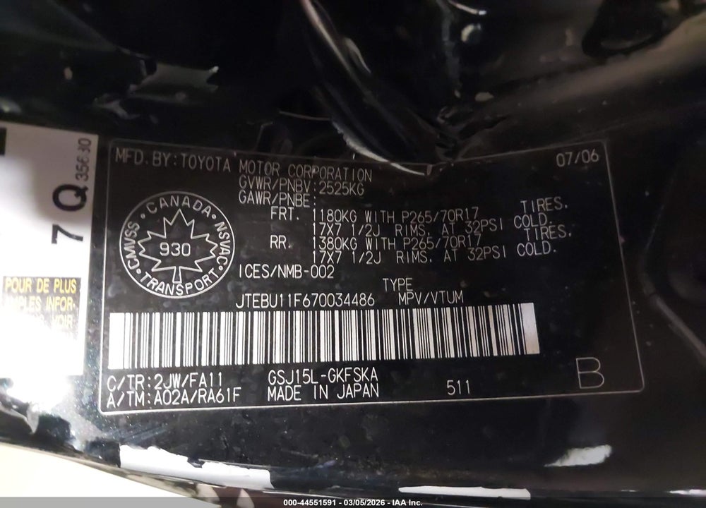2007 TOYOTA FJ CRUISER VIN: JTEBU11F670034486