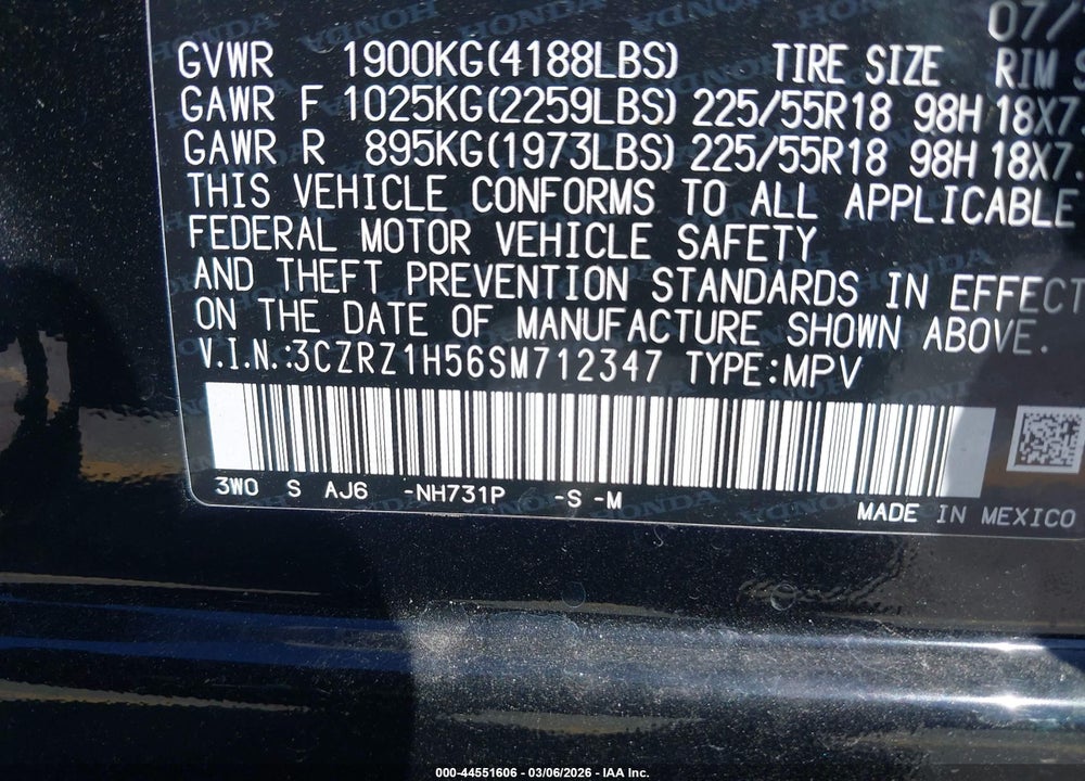 2025 HONDA HR-V 2WD SPORT VIN: 3CZRZ1H56SM712347