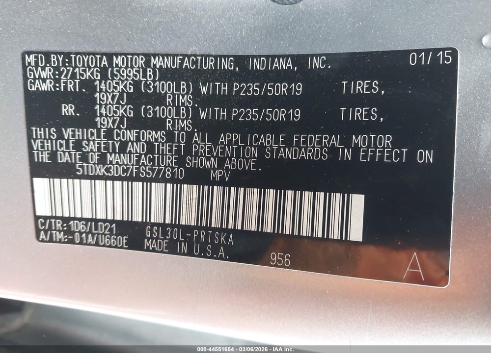2015 TOYOTA SIENNA SE 8 PASSENGER VIN: 5TDXK3DC7FS577810