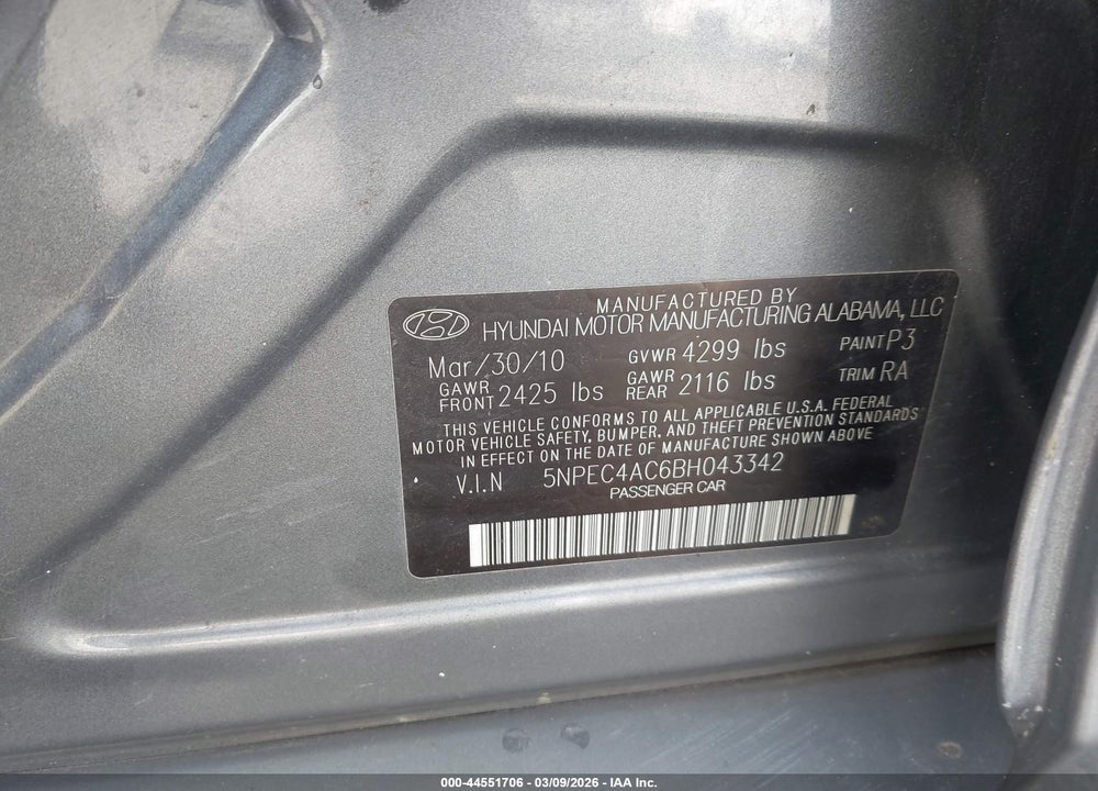 2011 HYUNDAI SONATA SE VIN: 5NPEC4AC6BH043342
