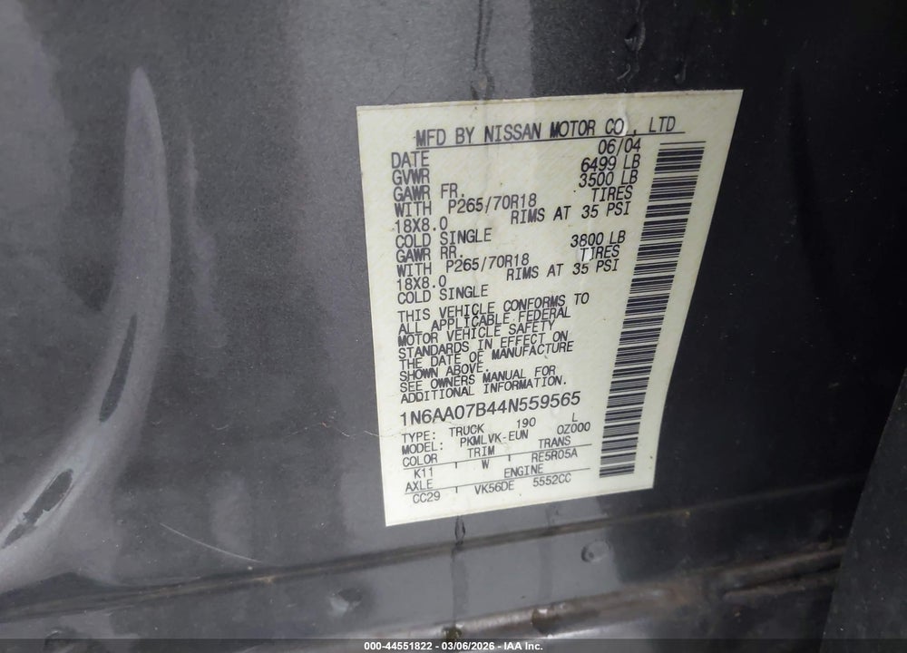 2004 NISSAN TITAN LE VIN: 1N6AA07B44N559565