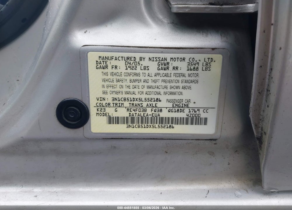 2005 NISSAN SENTRA 1.8S VIN: 3N1CB51DX5L552186