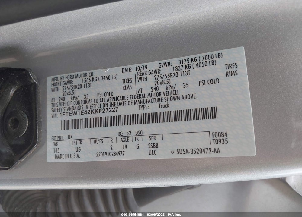 2019 FORD F-150 XLT VIN: 1FTEW1E42KKF27227