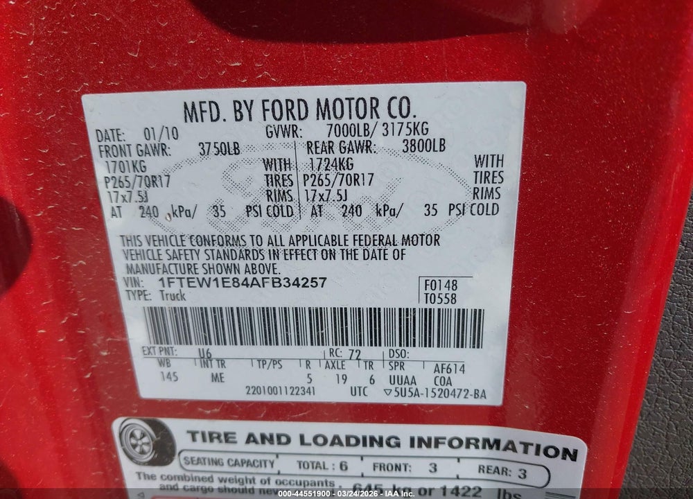 2010 FORD F-150 XL/XLT VIN: 1FTEW1E84AFB34257