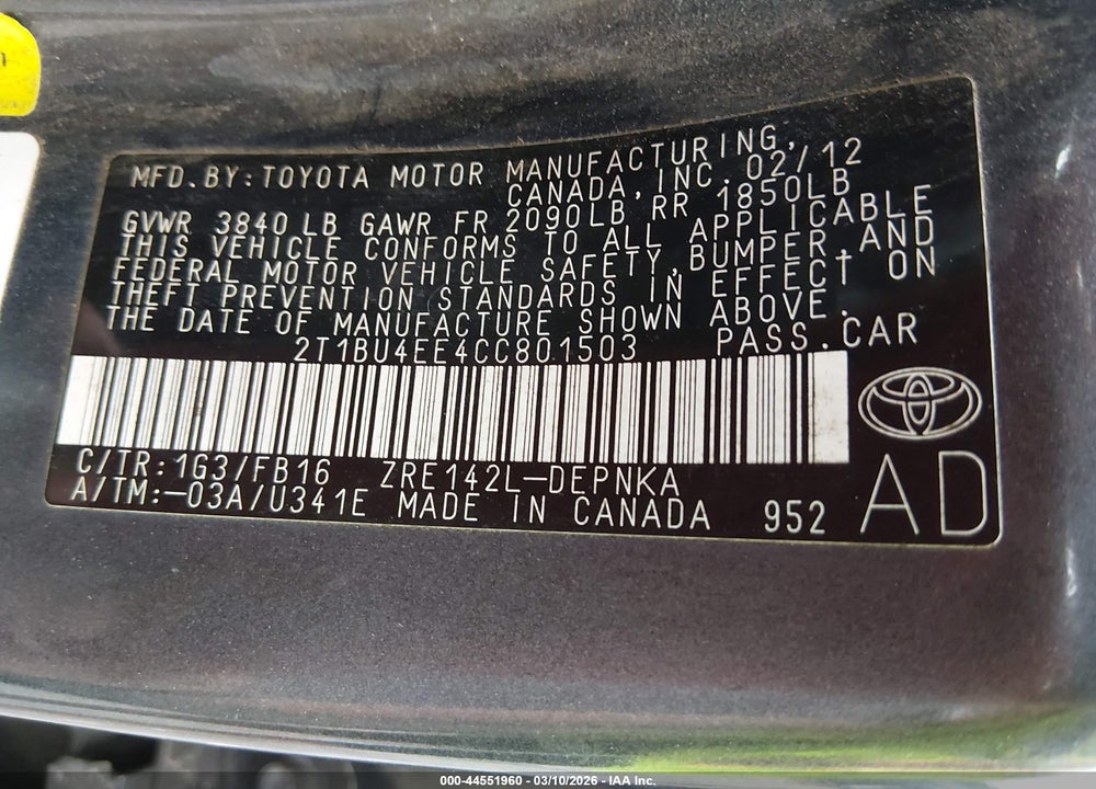 2012 TOYOTA COROLLA LE VIN: 2T1BU4EE4CC801503