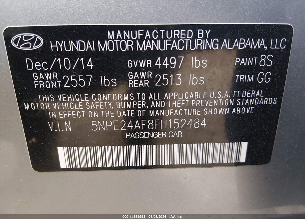 2015 HYUNDAI SONATA SE VIN: 5NPE24AF8FH152484