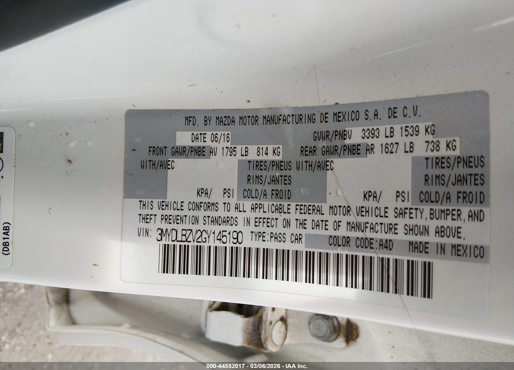 2016 SCION IA VIN: 3MYDLBZV2GY145190