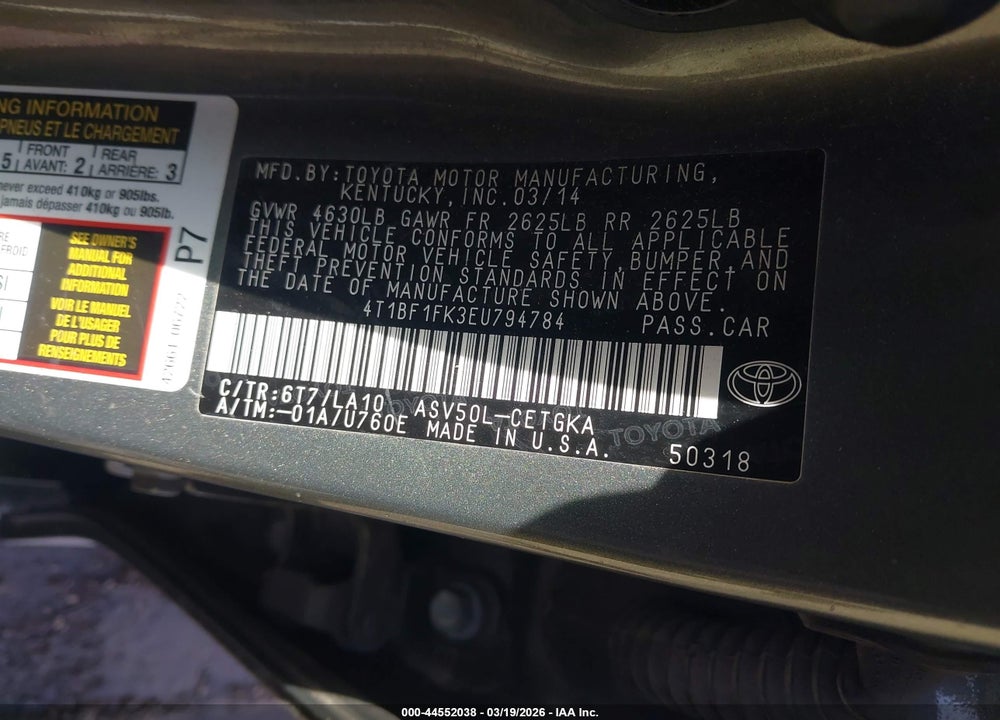 2014 TOYOTA CAMRY XLE VIN: 4T1BF1FK3EU794784