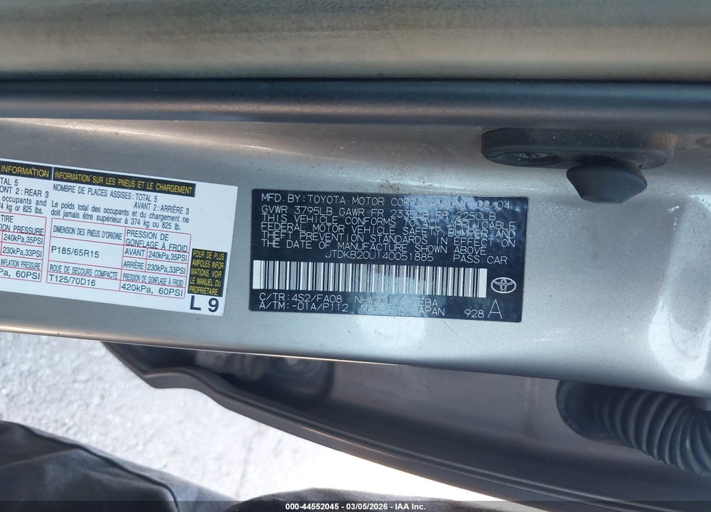 2004 TOYOTA PRIUS VIN: JTDKB20U140051885
