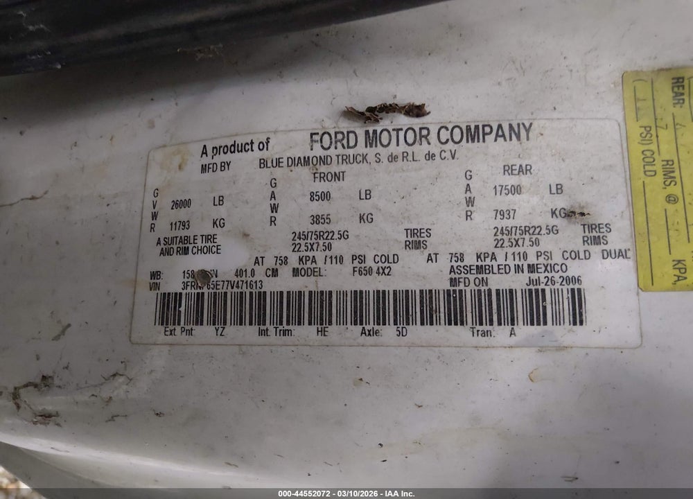 2007 FORD F-650 XL/XLT VIN: 3FRNF65E77V471613