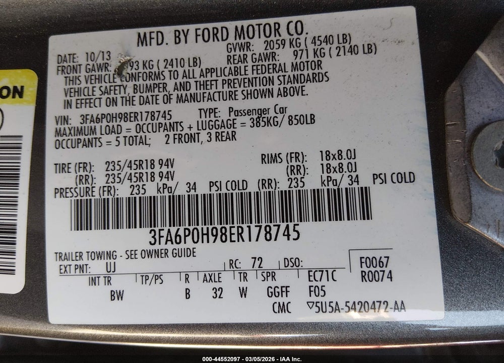 2014 FORD FUSION SE VIN: 3FA6P0H98ER178745