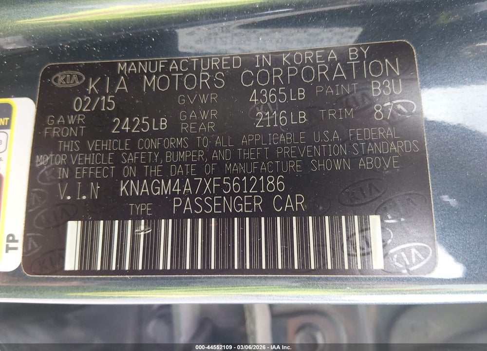 2015 KIA OPTIMA LX VIN: KNAGM4A7XF5612186