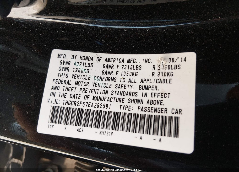 2014 HONDA ACCORD SPORT VIN: 1HGCR2F57EA252591
